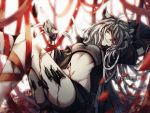  1girl animal_ears arknights black_nails blood breasts fingerless_gloves floating_rock gloves hand_on_own_head head_tilt highres jacket lappland_(arknights) long_hair long_sleeves looking_at_viewer medium_breasts messy_hair navel nga_(artist) originium_(arknights) short_shorts shorts silver_eyes silver_hair sitting slit_pupils solo tail very_long_hair wolf_ears wolf_girl wolf_tail 
