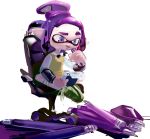 1girl ballpoint_splatling_(splatoon) blue_eyes chair closed_mouth disassembly domino_mask flat_chest full_body green_footwear hand_up highres holding inkling jpeg_artifacts kneehighs long_sleeves looking_down mask miitara notepad office_chair paper pen pointy_ears purple_hair raised_eyebrow shiny shiny_hair shirt shoes short_hair sidelocks simple_background sitting sketch solo splatoon_(series) tentacle_hair tentacles tied_hair topknot vest white_background white_legwear white_shirt yellow_vest 
