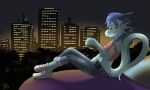  5:3 anthro blue_body blue_hair blue_scales car cheek_piercing city discordriderr34 dragon drinking eyebrow_piercing facial_piercing female hair hi_res oc:cassedy piercing relaxing scales smile solo vehicle 