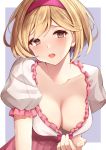  1girl bangs blonde_hair blush breasts brown_eyes cleavage collarbone djeeta_(granblue_fantasy) dress fighter_(granblue_fantasy) granblue_fantasy hairband keima_ron large_breasts looking_at_viewer pink_dress pink_hairband puffy_short_sleeves puffy_sleeves short_hair short_sleeves swept_bangs 