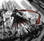  1girl absurdres arknights ascot bangs black_dress building dragon_girl dragon_horns dress dutch_angle frilled_sleeves frills full_body grey_hair hair_intakes high_heels highres holding holding_sword holding_weapon horns long_hair long_scarf long_sleeves looking_at_viewer looking_down nga_(artist) red_scarf scarf scowl skyscraper solo sword talulah_(arknights) walking weapon 