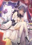  1girl :3 animal_ears azur_lane balloon bangs bare_shoulders black_hair blue_eyes blue_nails blush bouquet breasts cheshire_(azur_lane) cleavage closed_mouth crossed_legs curtains detached_sleeves dress eyebrows_visible_through_hair fake_animal_ears flower frilled_dress frills headdress highres indoors invisible_chair kaerunoko large_breasts looking_at_viewer manjuu_(azur_lane) medium_breasts multicolored_hair nail_polish sitting smile solo streaked_hair thighhighs thighs tiered_tray white_legwear window wrist_cuffs 
