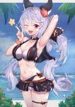  1girl ;d animal_ears arm_up armpits bangs beach bikini bikini_skirt black_ribbon blue_sky blush breasts cleavage cloud day flower frilled_bikini frills granblue_fantasy hair_between_eyes hair_flower hair_ornament hair_ribbon highres index_finger_raised large_breasts long_hair looking_at_viewer low_twintails navel one_eye_closed open_mouth outdoors palm_tree purple_eyes purple_hair revision ribbon satyr_(granblue_fantasy) sky smile solo star_(symbol) swimsuit thigh_strap thighs tree twintails uneg very_long_hair 