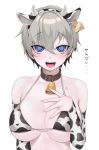  1girl :d animal_ears animal_print bare_shoulders bell bell_collar bikini black_bikini black_sleeves blue_eyes blush breasts collar commentary_request cow_bell cow_ears cow_horns cow_print detached_sleeves fake_animal_ears fake_horns fang grey_hair hair_between_eyes hand_on_own_chest highres horns large_breasts looking_at_viewer ompf open_mouth short_hair simple_background smile solo swimsuit two-tone_bikini upper_body uzaki-chan_wa_asobitai! uzaki_hana white_background white_bikini white_sleeves 