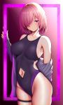  1girl bangs bare_shoulders blush breasts collarbone competition_swimsuit cowboy_shot fate/grand_order fate_(series) groin hair_over_one_eye hand_up highleg highleg_swimsuit jacket large_breasts looking_at_viewer mash_kyrielight navel navel_cutout off_shoulder one-piece_swimsuit panties purple_eyes purple_hair purple_swimsuit short_hair skirt solo swimsuit thigh_strap thighs underwear zukky 