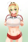  ! 1girl ahoge bike_shorts blonde_hair blush breasts commentary_request cowboy_shot eyebrows_visible_through_hair fate/grand_order fate_(series) gachou green_eyes hair_between_eyes hairband large_breasts navel nero_claudius_(fate)_(all) short_sleeves solo standing stomach underboob 