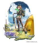  1girl ash_arms boots breasts brown_hair character_request commentary_request eyebrows_visible_through_hair grass hairband highres jjune long_sleeves looking_at_viewer medium_breasts pantyhose purple_eyes short_hair shorts solo sword tent water waterfall weapon 