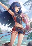  1girl :d arm_strap arm_up armpits bangs bare_legs belt blue_eyes blue_hair blue_shorts blush day eyebrows_visible_through_hair fire_emblem fire_emblem_awakening fire_emblem_heroes flat_chest gonzarez highres innertube leg_up long_hair looking_at_viewer lucina_(fire_emblem) navel ocean open_mouth outdoors short_shorts shorts sleeveless smile solo standing standing_on_one_leg stomach thighs tiara water water_drop 