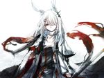  1girl animal_ears arknights blizzard bunny_ears bunny_girl cloak facial_scar frostnova_(arknights) frown gloves hair_ornament hair_over_one_eye hairclip highres holding long_sleeves looking_at_hand nga_(artist) scar silver_eyes slit_pupils solo upper_body white_background white_hair wind 