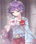  1girl ahoge bags_under_eyes blouse blue_blouse breasts buttons cup curly_hair ears eyeball floral_print frilled_shirt_collar frills frown hairband heart heart_of_string holding holding_cup komeiji_satori long_sleeves medium_breasts pale_skin pink_skirt purple_eyes purple_hair ribbon-trimmed_collar ribbon_trim short_hair sigh skirt sunyup third_eye tired touhou wide_hips wide_sleeves 