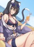 1girl absurdres animal_ear_fluff animal_ears bangs bare_shoulders bikini black_bikini black_hair blush breasts cat_ears cat_girl cat_tail cleavage collarbone eyewear_on_head green_eyes highres innertube_with_ears jacket karyl_(princess_connect!) long_hair long_sleeves looking_at_viewer low_twintails medium_breasts multicolored_hair nanakaku open_mouth princess_connect! princess_connect!_re:dive purple_jacket shorts sitting smile streaked_hair swimsuit tail thighs twintails white_hair white_shorts 