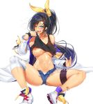  1girl ;d areola_slip areolae bandaid bandaid_on_leg bangs bare_shoulders black_hair blue_eyes blush braid breasts collarbone crop_top eleanor_(soccer_spirits) hair_ribbon high_ponytail highres jacket large_breasts long_hair long_sleeves looking_at_viewer micro_shorts moing navel off_shoulder one_eye_closed open_clothes open_fly open_jacket open_mouth open_shorts panties ribbon shiny shiny_skin shoes shorts simple_background sitting smile soccer_spirits solo spread_legs stomach sweatband thigh_strap underwear very_long_hair wet white_background white_footwear white_jacket white_panties wiping_sweat yellow_ribbon 