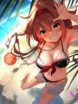  1girl adapted_costume artist_name ball beach beachball bikini black_bikini blush breasts brown_eyes brown_hair collarbone day grin groin hair_flaps hairband kantai_collection large_breasts long_hair navel ocean red_hairband remodel_(kantai_collection) shiratsuyu_(kantai_collection) signature smile solo swimsuit youmou_usagi 