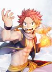  1boy abs bare_shoulders commentary_request eyebrows_visible_through_hair eyes_visible_through_hair fairy_tail fire ft_nl10 highres looking_at_viewer natsu_dragneel navel open_mouth pink_hair scarf shoulder_tattoo sleeveless solo spiked_hair standing tattoo teeth upper_body watermark wristband 
