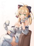 1girl artoria_pendragon_(all) black_bow blonde_hair blush bow breasts character_name cleavage crossed_legs cup fate/grand_order fate_(series) gloves green_eyes hair_bow hand_on_own_cheek highres holding holding_cup light_smile looking_at_viewer medium_breasts piyo_(pixiv_2308057) saber_lily sitting solo teacup thighhighs tied_hair white_gloves 