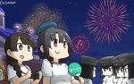  6+girls akitsu_maru_(kantai_collection) alternate_costume black_eyes black_hair black_headwear braid brown_eyes brown_hair camera commentary_request crossover dated doubutsu_no_mori fan fireworks hair_over_shoulder hamu_koutarou hat highres kantai_collection long_hair multiple_girls multiple_persona night night_sky paper_fan peaked_cap red_eyes shirt shizue_(doubutsu_no_mori) short_hair single_braid sky star_(sky) starry_sky t-shirt takao_(kantai_collection) uchiwa upper_body uranami_(kantai_collection) white_shirt 