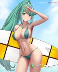  1girl aqua_bikini aqua_eyes aqua_hair armpits arms_up artist_name bare_arms bare_shoulders bikini blue_sky blush breasts cleavage closed_mouth collarbone contrapposto cowboy_shot dakkalot day earrings gem holding jewelry large_breasts long_hair looking_at_viewer navel outdoors pneuma_(xenoblade_2) ponytail salute sky smile solo stomach surfboard swimsuit tiara very_long_hair xenoblade_(series) xenoblade_2 