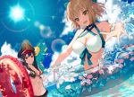  2girls ahoge bangs bare_shoulders bikini black_hair blue_sky bow breasts brown_eyes cleavage cloud cloudy_sky collarbone commentary_request day dutch_angle eyebrows_visible_through_hair fate_(series) frills front-tie_bikini front-tie_top hair_bow halterneck hat highres holding holding_water_gun horizon innertube large_breasts lens_flare long_hair looking_at_viewer medium_breasts mocha_(mokaapolka) multiple_girls navel ocean oda_nobunaga_(fate) oda_nobunaga_(fate)_(all) okita_souji_(fate) okita_souji_(fate)_(all) open_mouth outdoors outstretched_arm outstretched_hand red_eyes short_hair sky smile splashing stomach sun sunlight swimsuit teeth wading water water_gun 