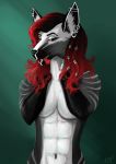  abs absurd_res alexandradane anthro black_and_white black_and_white_and_red canid canine ear_piercing ear_ring female hair hi_res industrial_piercing mammal monochrome muscular open_mouth piercing red_hair runes scandinavian stripes white_stripes 