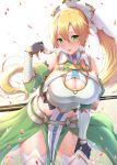  1girl absurdres bare_shoulders blonde_hair blush breastplate breasts cleavage cowboy_shot eyebrows_visible_through_hair green_eyes hair_between_eyes highres kawase_seiki large_breasts leafa long_hair ponytail simple_background skirt solo standing sword_art_online thighhighs white_background 