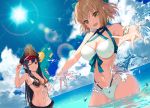  2girls ahoge bangs bare_shoulders bikini black_hair blue_sky bow breasts brown_eyes cleavage cloud cloudy_sky collarbone commentary_request day dutch_angle eyebrows_visible_through_hair fate_(series) front-tie_bikini front-tie_top hair_bow halterneck hat highres holding holding_water_gun horizon large_breasts lens_flare long_hair looking_at_viewer medium_breasts mocha_(mokaapolka) multiple_girls navel ocean oda_nobunaga_(fate) oda_nobunaga_(fate)_(all) okita_souji_(fate) okita_souji_(fate)_(all) open_mouth outdoors outstretched_arm outstretched_hand red_eyes short_hair sky smile splashing stomach sun sunlight swimsuit teeth wading water water_gun 