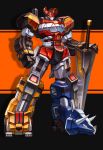  black_background clenched_hand daijuujin dinosaur glowing glowing_eyes highres holding holding_sword holding_weapon horns korean_commentary kyouryuu_sentai_zyuranger mecha megazord mighty_morphin_power_rangers no_humans orange_eyes power_rangers standing super_sentai superphotrone sword weapon 
