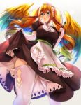  1girl :o apron bangs blush breasts broom dress dress_lift drill_hair earrings elbow_gloves garter_straps gloves green_eyes hair_between_eyes hair_ribbon highres holding holding_broom jewelry leilan_(p&amp;d) long_hair maid maid_headdress orange_hair puffy_short_sleeves puffy_sleeves puzzle_&amp;_dragons ribbon short_sleeves sidelocks solo thighhighs twin_drills white_gloves white_legwear wings yuzutosen 