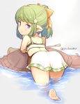  1girl ass bikini from_behind granblue_fantasy green_hair harvin instrument jingai_modoki looking_back mimlememel pointy_ears ponytail purple_eyes swimsuit trumpet turtle twitter_username water 