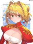  1girl ahoge bangs border breasts cleavage closed_mouth commentary_request epaulettes eyebrows_visible_through_hair fate/extra fate_(series) green_eyes hair_bun hair_intakes highres juliet_sleeves lens_flare leyu long_sleeves looking_at_viewer medium_breasts nero_claudius_(fate) nero_claudius_(fate)_(all) outside_border puffy_sleeves serious short_hair shrug_(clothing) solo sparkle strapless twitter_username underbust upper_body white_border 