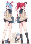  3girls alternate_costume aoba_(kantai_collection) ass bag bangs bare_legs black_legwear blue_hair blue_sailor_collar blue_skirt blurry blurry_background blush breasts brown_footwear cardigan cellphone eyebrows_visible_through_hair fang from_behind full_body hair_ribbon highres i-168_(kantai_collection) i-19_(kantai_collection) kantai_collection kneehighs lifted_by_self long_hair long_sleeves looking_at_viewer looking_back multiple_girls one_eye_closed open_mouth panties phone pink_hair pink_panties ponytail red_eyes red_hair ribbon sailor_collar school_bag school_swimsuit school_uniform serafuku shoes shoulder_bag simple_background skirt skirt_lift smile standing star-shaped_pupils star_(symbol) sweater swimsuit swimsuit_under_clothes symbol-shaped_pupils taking_picture tiemu_(man190) underwear white_background 