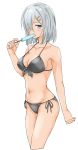  1girl absurdres bikini black_bikini blue_eyes breasts commentary_request cowboy_shot food front-tie_top hair_ornament hair_over_one_eye hairclip hamakaze_(kantai_collection) highres kantai_collection looking_at_viewer maonatten medium_breasts popsicle short_hair side-tie_bikini silver_hair simple_background solo standing swimsuit white_background 