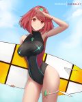  1girl armpits arms_up artist_name bare_arms bare_shoulders black_swimsuit blue_sky blush breasts closed_mouth collarbone competition_swimsuit contrapposto cowboy_shot dakkalot day earrings gem holding homura_(xenoblade_2) jewelry large_breasts looking_at_viewer neon_trim one-piece_swimsuit outdoors red_eyes red_hair salute short_hair sky smile solo surfboard swimsuit thighs tiara xenoblade_(series) xenoblade_2 