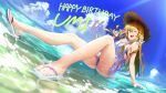  1girl ;d andou_shuuki arm_support bangs bare_arms bare_legs bare_shoulders bikini bikini_under_clothes blue_bikini blue_eyes blue_sky bracelet braid breasts brown_hair character_name cloud commentary_request day dress dutch_angle eyebrows_visible_through_hair flip-flops food frilled_dress frills full_body hair_between_eyes halterneck hand_up happy_birthday hat highres holding holding_food horizon idolmaster idolmaster_million_live! jewelry knees_up kousaka_umi legs long_hair looking_at_viewer medium_breasts ocean one_eye_closed open_mouth outdoors partially_submerged popsicle sandals shallow_water short_dress side_cutout sitting sky sleeveless sleeveless_dress smile solo straw_hat swimsuit toenails toes twin_braids upper_teeth water watermelon_bar wet white_dress white_footwear 
