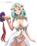  1girl aqua_hair artist_name ass_visible_through_thighs babydoll bare_arms bare_shoulders bikini black_ribbon breasts cleavage collarbone cowboy_shot dakkalot fire_emblem fire_emblem:_three_houses fire_emblem_heroes flower forehead_protector green_eyes groin hair_flower hair_ornament head_tilt hibiscus holding large_breasts looking_at_viewer lowleg lowleg_bikini navel pink_lips rhea_(fire_emblem) ribbon side-tie_bikini simple_background smile solo stomach swimsuit tassel thigh_gap toned white_background white_bikini white_flower 