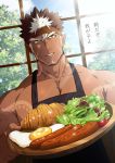  1boy alternate_costume apron bara beard brown_hair chest dark_skin dark_skinned_male facial_hair food headband highres jewelry looking_at_viewer male_focus muscle oro9 pectorals pointy_ears serving solo spiked_hair tangaroa tattoo tokyo_houkago_summoners upper_body white_hair yellow_eyes 