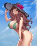  1girl bare_thighs bikini blush breasts brown_hair cleavage dakkalot dorothea_arnault fire_emblem fire_emblem:_three_houses flower green_bikini green_eyes green_swimsuit hat hat_flower large_breasts long_hair looking_at_viewer looking_to_the_side nipples sideboob sky solo sun_hat swimsuit thighs 
