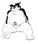 2020 anthro balls belly blush canid canine canis domestic_dog erection genitals hi_res kemono male mammal monochrome moobs nipples overweight overweight_anthro overweight_male penis simple_background sitting solo ukkaritanuki white_background 