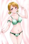  1girl alternate_hairstyle armband blush bow bow_bra bow_panties bra breasts cleavage collarbone curtains frill_trim green_bra green_panties hand_up highres koizumi_hanayo large_breasts lavender_eyes light_brown_hair looking_at_viewer love_live! love_live!_school_idol_project nail_polish navel panties sleeveless smile solo striped striped_bra striped_panties twintails underwear underwear_only yopparai_oni 