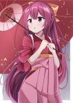  1girl acchii_(akina) bow hair_bow hakama highres holding holding_umbrella japanese_clothes kamikaze_(kantai_collection) kantai_collection long_hair looking_to_the_side meiji_schoolgirl_uniform oriental_umbrella pink_hakama purple_eyes purple_hair rain solo umbrella yellow_bow 