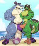  2020 abs alligator alligatorid anthro ball barely_visible_genitalia barely_visible_penis beach beach_ball big_bulge big_muscles big_pecs braided_hair bulge butt clothing crocodilian detailed_background duo erection erection_under_clothing eyewear facial_hair footwear gecko genitals goggles hair hi_res jockstrap lizard long_hair looking_at_viewer male male/male musclegut muscular muscular_anthro muscular_male navel outside pecs penis reptile scalie seaside shoes side_butt smile spots spotted_body standing summer sxfpantera teeth thick_arms thick_thighs underwear 