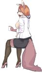  2019 absurd_res anthro bottomwear breasts brown_hair canid canine clothing coffee_mug female footwear fox hair hi_res high_heels mammal shoes simple_background sitting skirt smile solo wanko0487 white_background 