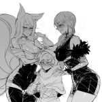  1boy 2girls age_difference ahri animal_ears ara_ara bare_shoulders blush breasts breath choker claw_(weapon) cleavage cloak covered_navel dress earrings evelynn eyebrows_visible_through_hair eyes_visible_through_hair fingernails fingers_together fox_ears fox_tail fur-trimmed_cloak fur_trim gloves greyscale half-closed_eyes hat heart heart_choker highres jewelry k/da_(league_of_legends) k/da_ahri k/da_evelynn kitsune league_of_legends licking licking_lips long_hair looking_at_another monochrome mr._skull multiple_girls multiple_tails necklace nervous nunu parted_lips shiny shiny_skin simple_background single_earring sweat tail tongue tongue_out trembling turtleneck weapon white_background 