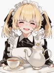  1girl aogisa apron black_dress blonde_hair blush closed_eyes cup dress fangs hair_ribbon highres holding holding_tray long_sleeves maid maid_headdress mole mole_under_eye open_mouth original ribbon saucer solo tea_set teacup teapot tray upper_body white_apron white_background 