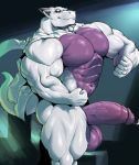  2020 abs anthro balls barazoku biceps big_biceps big_muscles big_pecs big_penis cape clothing coat deltoids dragon erection flexing genitals hi_res horn humanoid_genitalia humanoid_penis lab_coat male muscular muscular_anthro muscular_male narrowed_eyes navel pecs penis quads reptile scalie simple_background smile solo standing sxfpantera thick_arms thick_thighs topwear vein veiny_muscles veiny_penis 