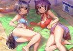  2girls arm_rest arm_support ass bangs bare_arms bare_legs bare_shoulders barefoot beach bikini bird_tail black_hair blue_bikini blue_swimsuit breasts brown_eyes brown_hair cleavage closed_eyes commentary_request day eurasian_eagle_owl_(kemono_friends) eyebrows_visible_through_hair feet_out_of_frame grey_hair hair_between_eyes hand_on_hip highres kemono_friends looking_at_viewer lying medium_breasts medium_hair multicolored_hair multiple_girls northern_white-faced_owl_(kemono_friends) on_side open_mouth outdoors owl_ears red_bikini red_swimsuit sand shade small_breasts stomach sweat swimsuit tadano_magu tail yellow_eyes 