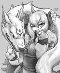  1girl ahoge animal blush bow braid closed_mouth flower fur_trim gonsleep grey_background greyscale hair_between_eyes hair_bow half-closed_eyes heart horn_flower horns kindred lamb_(league_of_legends) league_of_legends long_hair monochrome parted_lips sharp_teeth simple_background single_horn slit_pupils smile spirit spirit_blossom_kindred teeth wolf_(league_of_legends) 