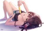  1girl artist_name barefoot blush brown_eyes brown_hair collarbone fingernails food grey_shorts hair_between_eyes handheld_game_console holding holding_food holding_handheld_game_console kantai_collection looking_at_viewer lying morigami_(morigami_no_yashiro) nintendo_switch on_back open_mouth sendai_(kantai_collection) short_hair shorts simple_background solo twitter_username two_side_up white_background 