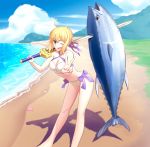  1girl artoria_pendragon_(all) artoria_pendragon_(swimsuit_archer) bare_shoulders beach bikini blonde_hair breasts cleavage cloud collarbone day excalibur fate/grand_order fate_(series) fish highres holding holding_sword holding_weapon mafty medium_breasts midriff navel outdoors sand shadow sleeveless solo standing starfish swimsuit sword tuna v water weapon 