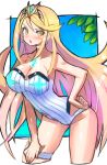  1girl adapted_costume bent_over blonde_hair breasts dakusuta floating_hair hand_on_hip hand_on_own_thigh highres hikari_(xenoblade_2) large_breasts long_hair solo swimsuit v-shaped_eyebrows very_long_hair xenoblade_(series) xenoblade_2 yellow_eyes 