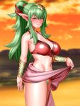  1girl armband beach bikini bikini_top blush breasts cleavage eyebrows_visible_through_hair fire_emblem fire_emblem_awakening fire_emblem_heroes green_eyes green_hair large_breasts looking_at_viewer navel no_panties pink_sarong pointy_ears ponytail pubic_hair red_bikini sarong sarong_lift sheer_clothes smile solo sunset swimsuit tiki_(fire_emblem) uncats 